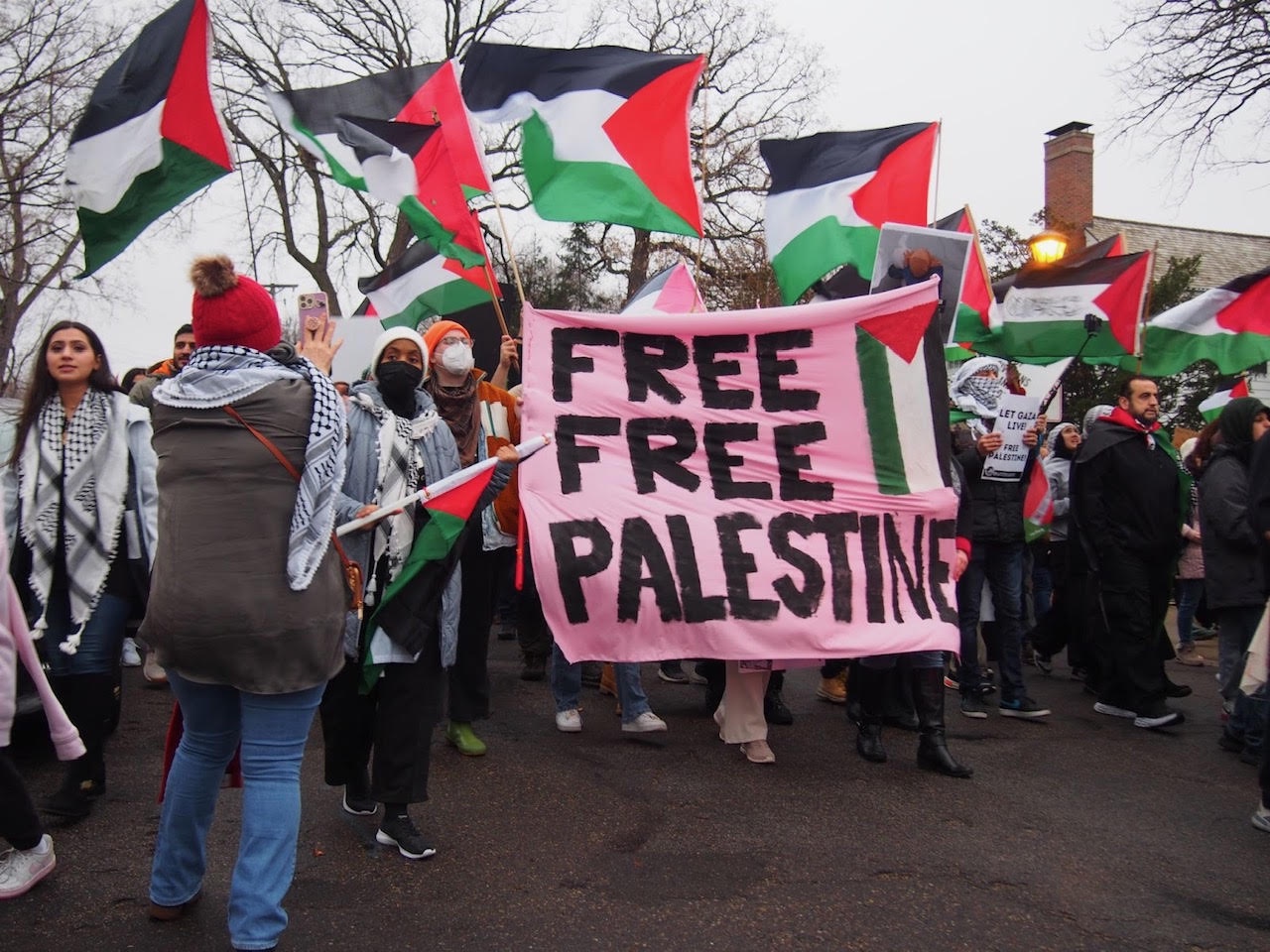 Minnesota Palestine solidarity protesters marching on Governor Walz’s mansion.   | Fight Back! News/Kim DeFranco